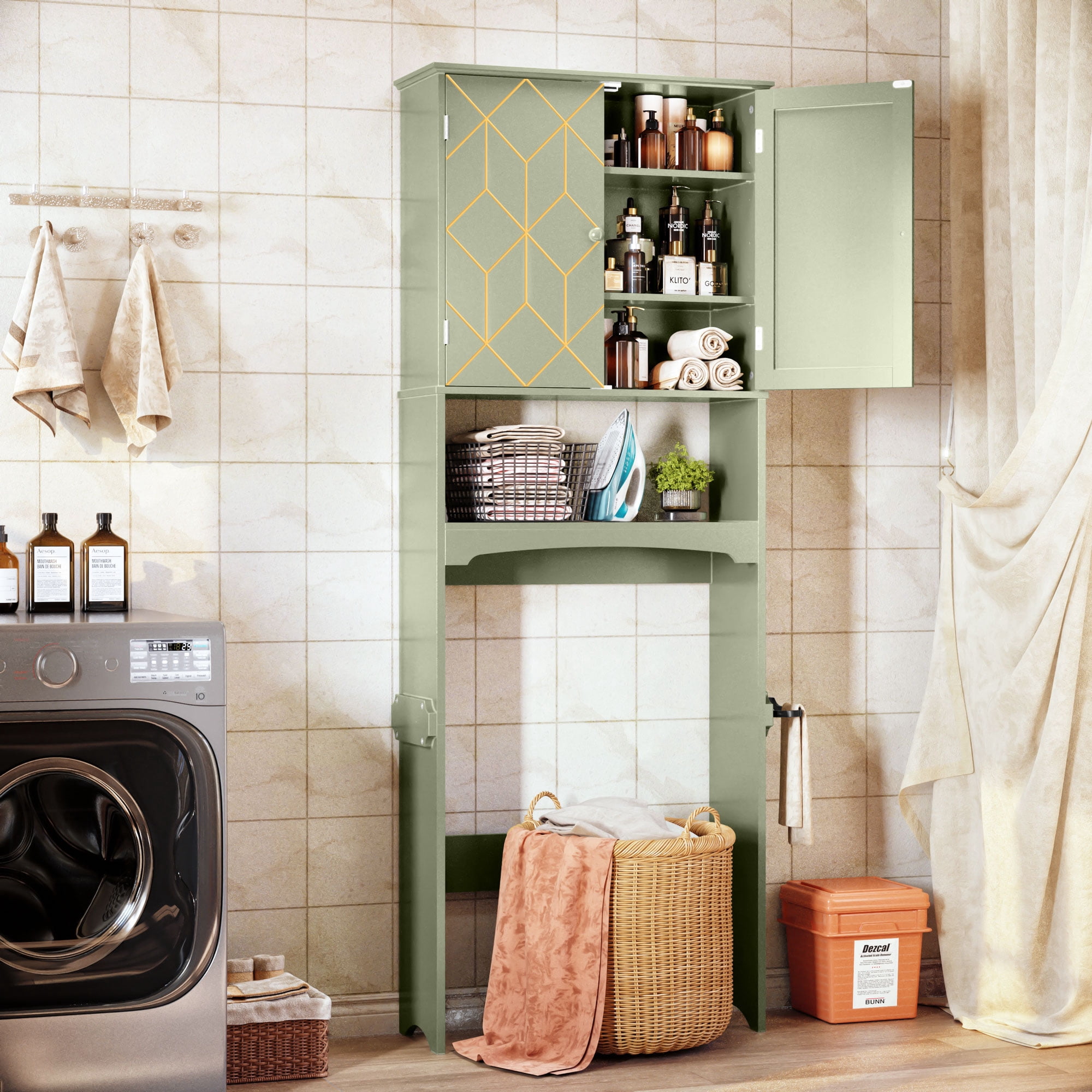Over the Toilet Storage with Geometric Design, Bathroom Organizer with Toilet Paper Holder, Green