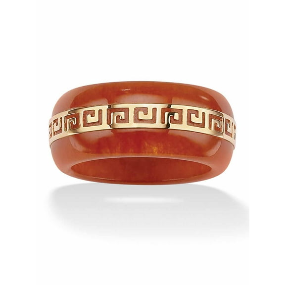 PalmBeach Jewelry Round Red Genuine Jade 14k Yellow Gold "Greek Key" Ring