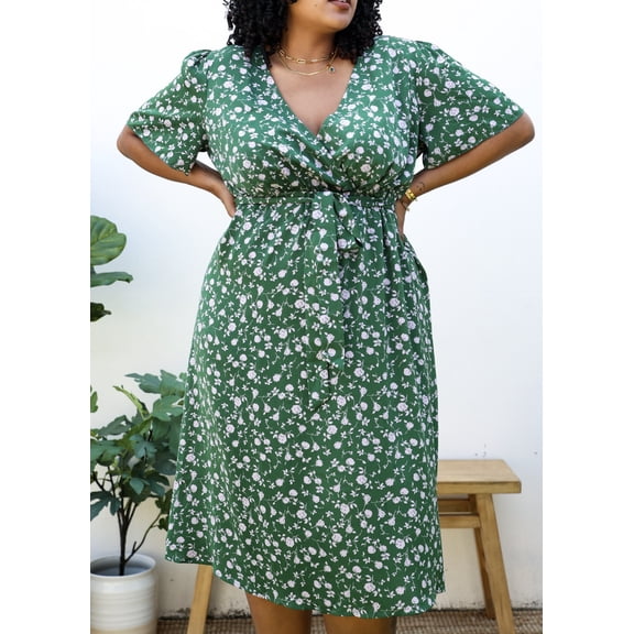 Plus Size Green Maxi Dress with White Floral Print,Green,1X-Large