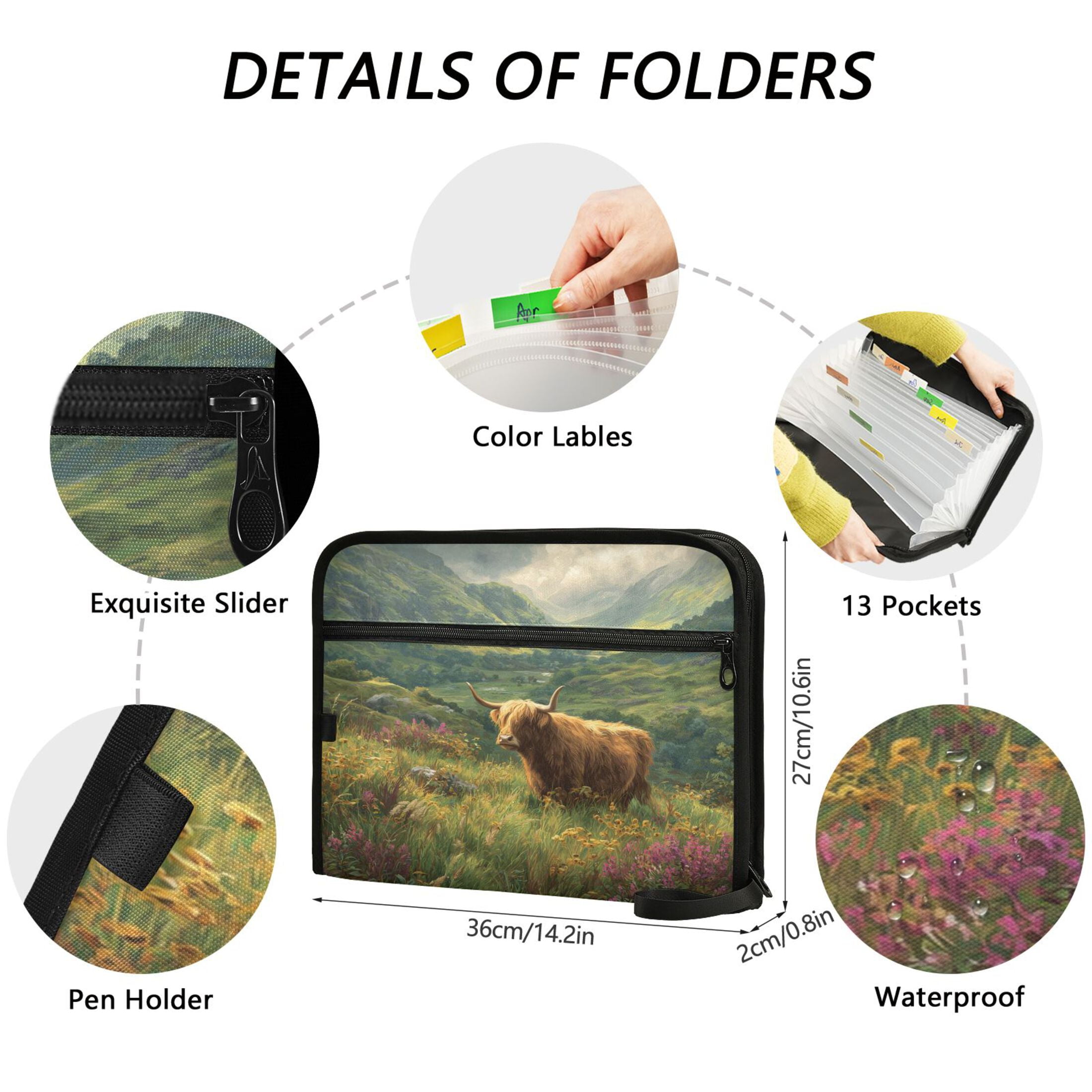 Accordion File Organizer with Zip Closure 13 Pockets Expanding File Folder Letter A4 Paper Document Organizer for Home Office Cow in Green Rolling Hills