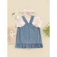 thumbnail image 4 of Bagilaanoe 3Pcs Newborn Baby Easter Outfits Girls Overalls Dress Set Print Short Sleeve Romper Tops + Denim Suspender Skirt + Headband 3M 6M 9M 12M 18M Infant Casual Clothes, 4 of 9