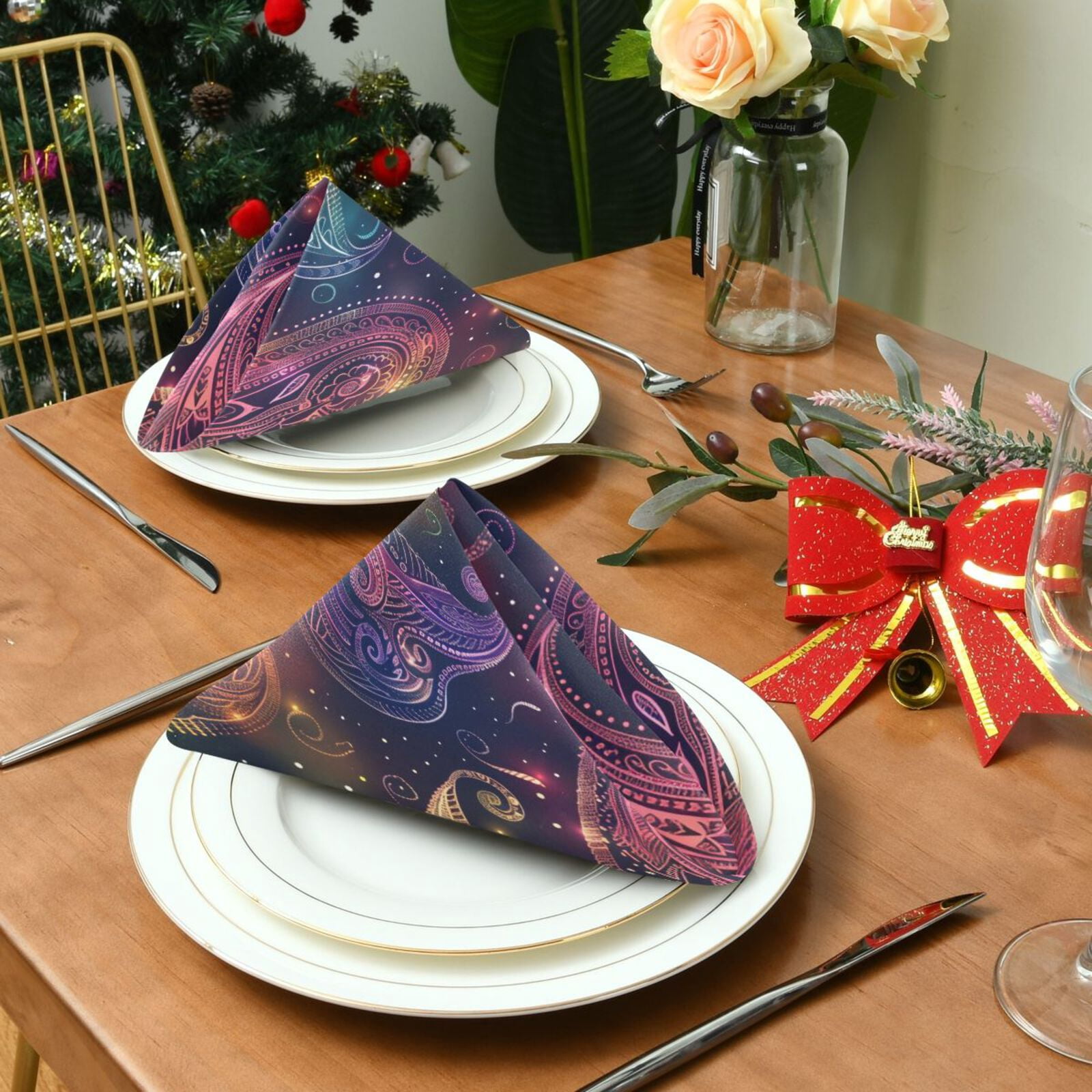 JSTEL Paisley Rainbow Nebula Cloth Napkins Set of 6, 20x20 Inch Washable and Reusable Napkin for Decoupage Dinner Party Everyday Use