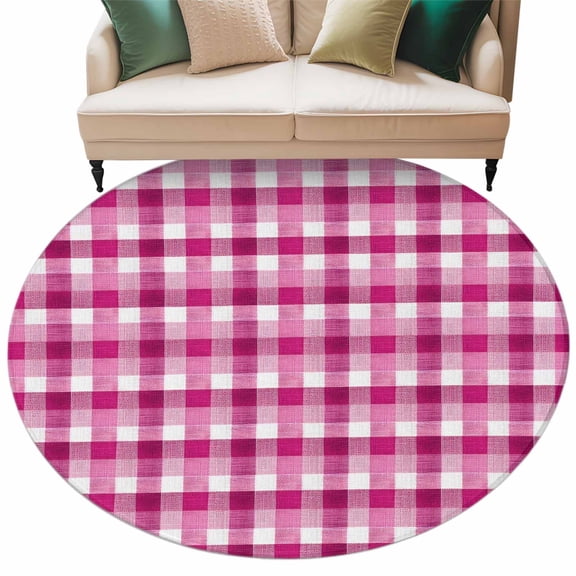 Pink White Check Area Rug, Modern Pink Theme Simple Washable Large Circle Carpet, Non Slip Round Rug for Living Room/Bedroom/Dining Room/Home Office/Dorm