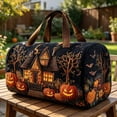 thumbnail image 5 of Women's Quilted Weekender Duffel Bag – Foldable Lightweight Travel Tote for Overnight Gym | Haunted House Pumpkin Bat Spider Web Halloween Patchwork Duffle Handbag, 5 of 5