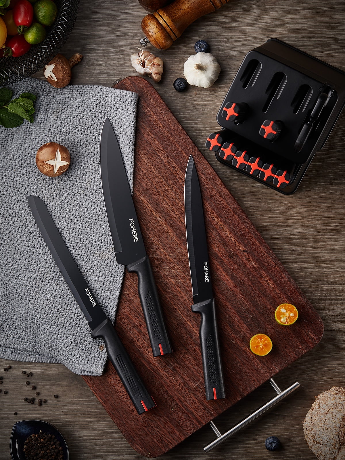 FOHERE Knife Set with Block  13 Pieces Stainless Steel Knive Sets for Kitchen with Built-in Sharpener Sharp Black Kitchen Knife Block Set with Anti-slip Handle,Black
