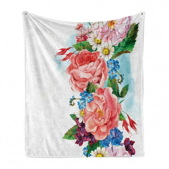 Flower Soft Flannel Fleece Throw Blanket, Leaves with Branch Roses Daisies and Lilacs Plants Nature Theme Vintage Art Print, Cozy Plush for Indoor and Outdoor Use, 50" x 60", Multicolor, by Ambesonne