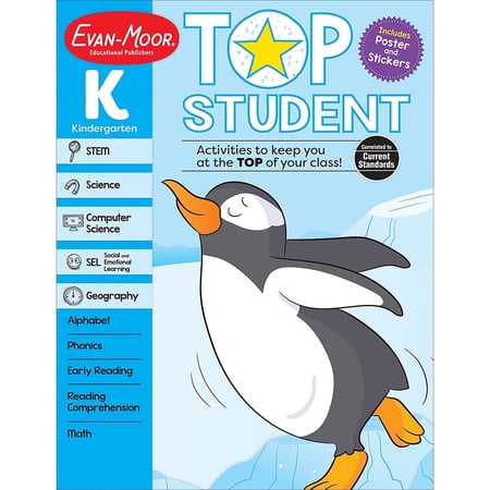 Evan-Moor Top Student, Kindergarten Workbook, Ages 5-6, 300+ Activities, Reading, Math, STEM, SEL, Stickers
