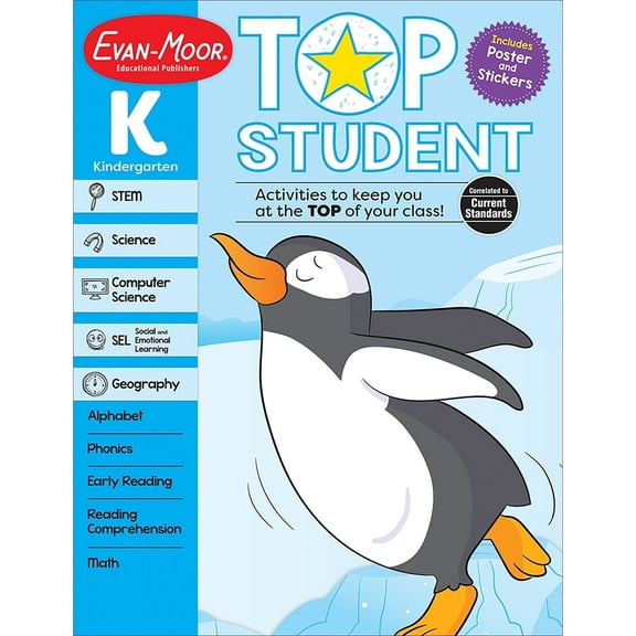 Evan-Moor Top Student, Kindergarten Workbook, Ages 5-6, 300 Activities, Reading, Math, STEM, SEL, Stickers