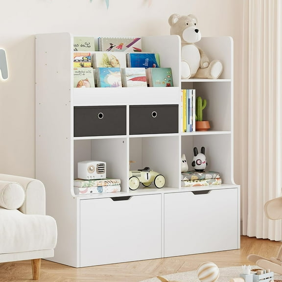 Kids Bookshelf 47.8in Toy Storage Organizer with Drawers Modern Bookcase with Cubbies Wooden Storage Cabinet Floor Toy Chest Playroom, Classroom, Nursery, Kids Room