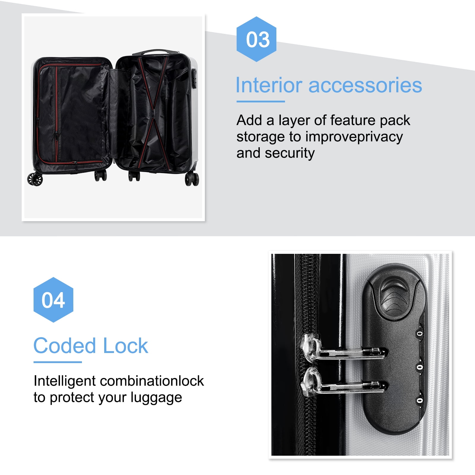 Carry On Luggage, 20" Hardside Suitcase ABS Spinner Luggage with Lock - Crossroad in Silver