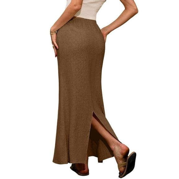 Yucgh Women's Solid Color Fishtail Split Skirt with Elastic Waist & Side Pockets, Swing Maxi Skirt, Casual Linen Blend Beach Skirt for Summer,Brown,XL