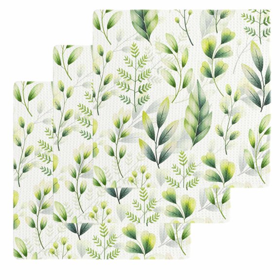 Green Leaves Kitchen Dish Towels for Drying Dishes Set of 3, Summer Botanical Farmhouse Leaf Watercolor Waffle Weave Microfiber Hand Tea Bathroom Towels Quick Dry & Absorbent Towel 12x12