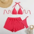 thumbnail image 4 of 3 Piece Swimsuits for Women Halter Bikini Sets with Drawstring Elastic Waist Scalloped Shorts Swimwear Suits (M, Watermelon Red), 4 of 4