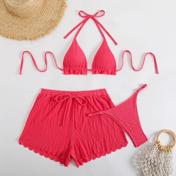 Three Piece Bikini Sets for Women,Halter Neck Tie Backless Swim Top and Elastic Waist Swim Shorts