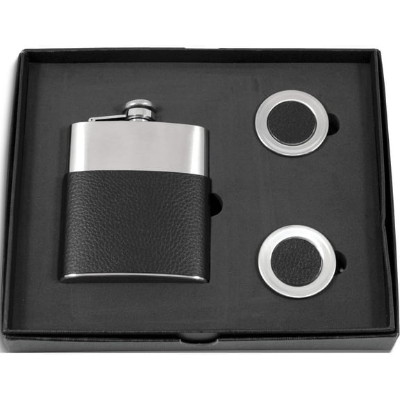 Fashion Stainless Steel 7 Oz. Black Leather Wrap Flask Gift Set (3.75 X 5) Made In China gm8861