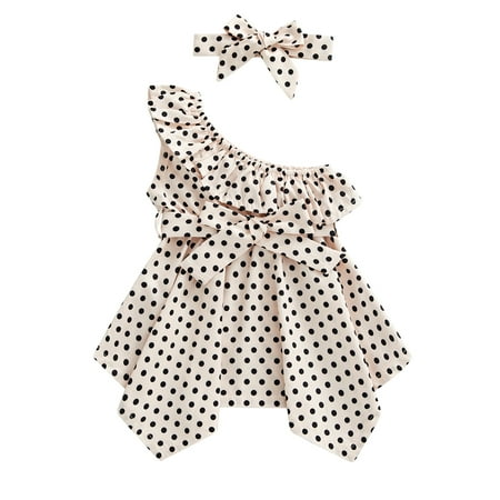 

Sunisery Kids Toddler Girls Casual Dress Dots Printed Slanted Shoulders Ruffles Irregular Hem with Belt + Hairband Beige 4-5 Years