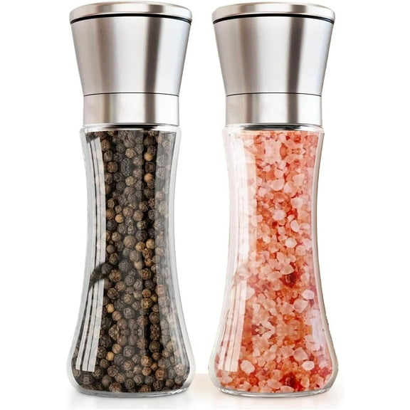 Pepper and Salt Grinder Set of 2, Refillable Stainless Steel Mill with Adjustable Coarseness, Glass Body Spice Grinder for Pepper, Sea Salt, and Other Whole Spices - Ship from Local Warehouse