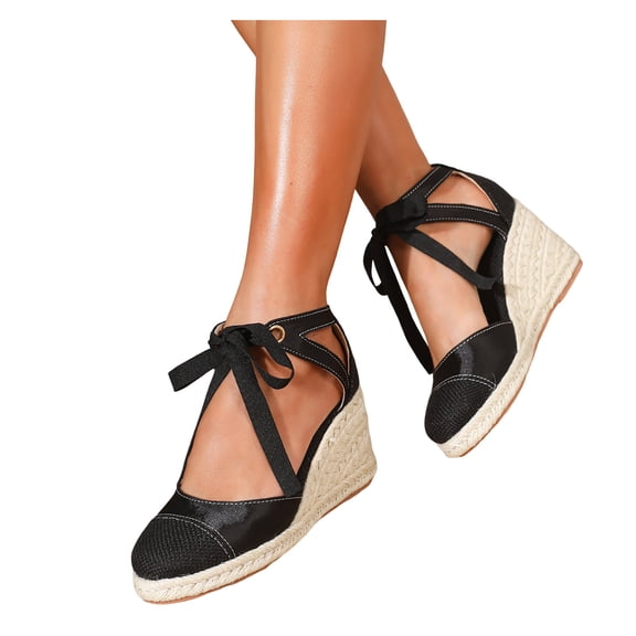Pandaie Closed Toe Sandals for Women 3.35 Inch Wedge Platform Espadrilles Heels Lace up Summer Beach Dressy Walking Shoes Size 6-10