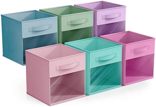 11 Inch Storage Bins with Clear Window - 6 Foldable Baskets for Organizing Clothes, Toys, Books - Sturdy Collapsible Fabric Storage Cubes with Handle - Storage Baskets for Shelves, Closets