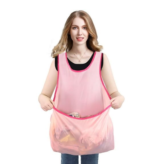 KALLORY 1Set Portable Wearable Clothes Drying Apron Laundry Room Apron with Pouch Pink Oxford Cloth