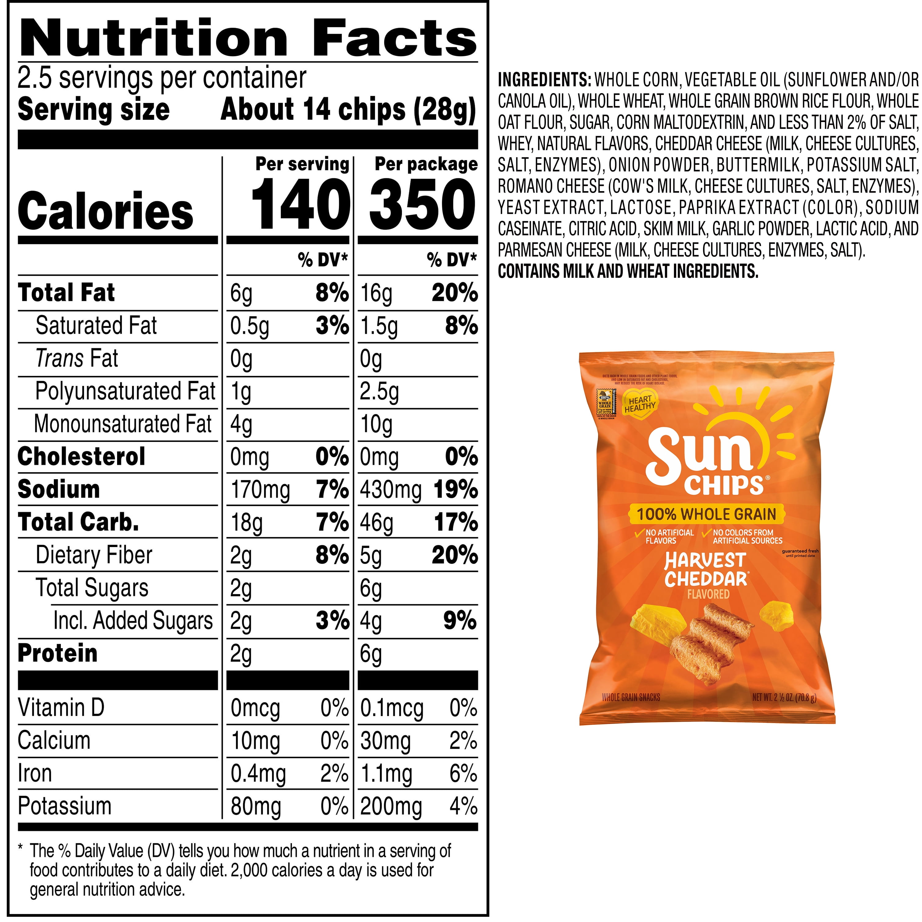 SunChips 100% Whole Grain Harvest Cheddar Snack Chips Bag, 2.5 oz​