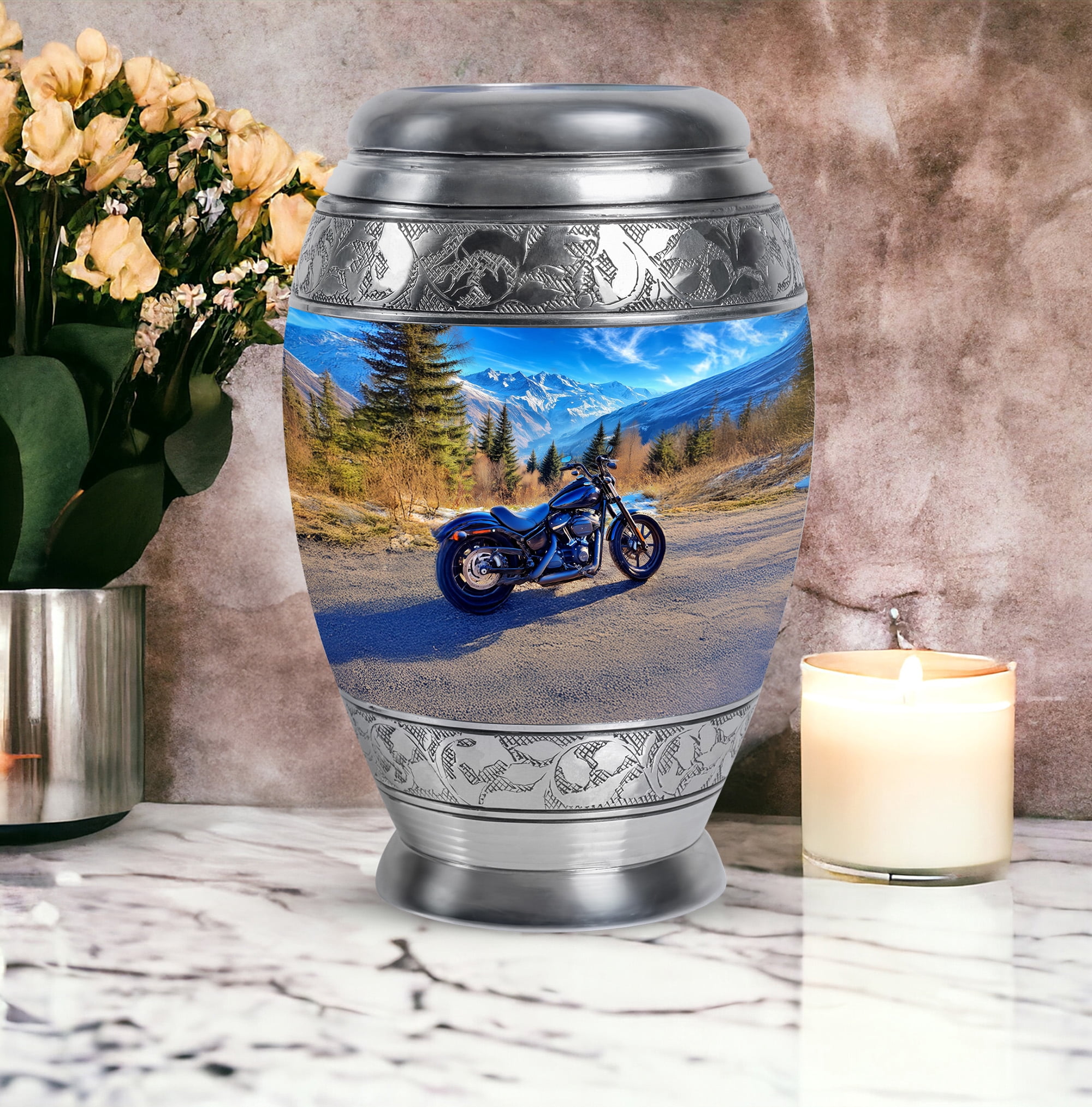 Bike Urns For Human Ashes Adult Man And Woman - 1 Large Blue Urn For Adult Male - 10 Inch Mountain Decorative Urn For Ashes For Male And Female - Set Of 4 Keepsake For Mother And Father, Small 3 Inch