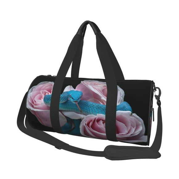 KLL Blue Lipped Pit Viper And Three Pink Roses for Duffle Bag For Men Women Sport Gym Fitness Tote Travel Training Workout Basketball Football Weekender