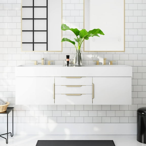 Everdeen 60 Inch Oak Console Floating Vanity with Square Drop-In Sink - White