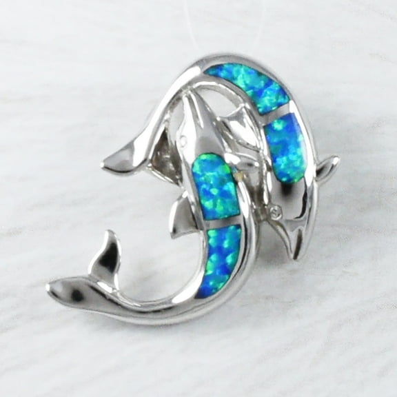 Unique Hawaiian 2 Blue Opal Dolphin Necklace, Sterling Silver Blue Opal Double Dolphin Pendant, N9225 Valentine Birthday Mom Gift