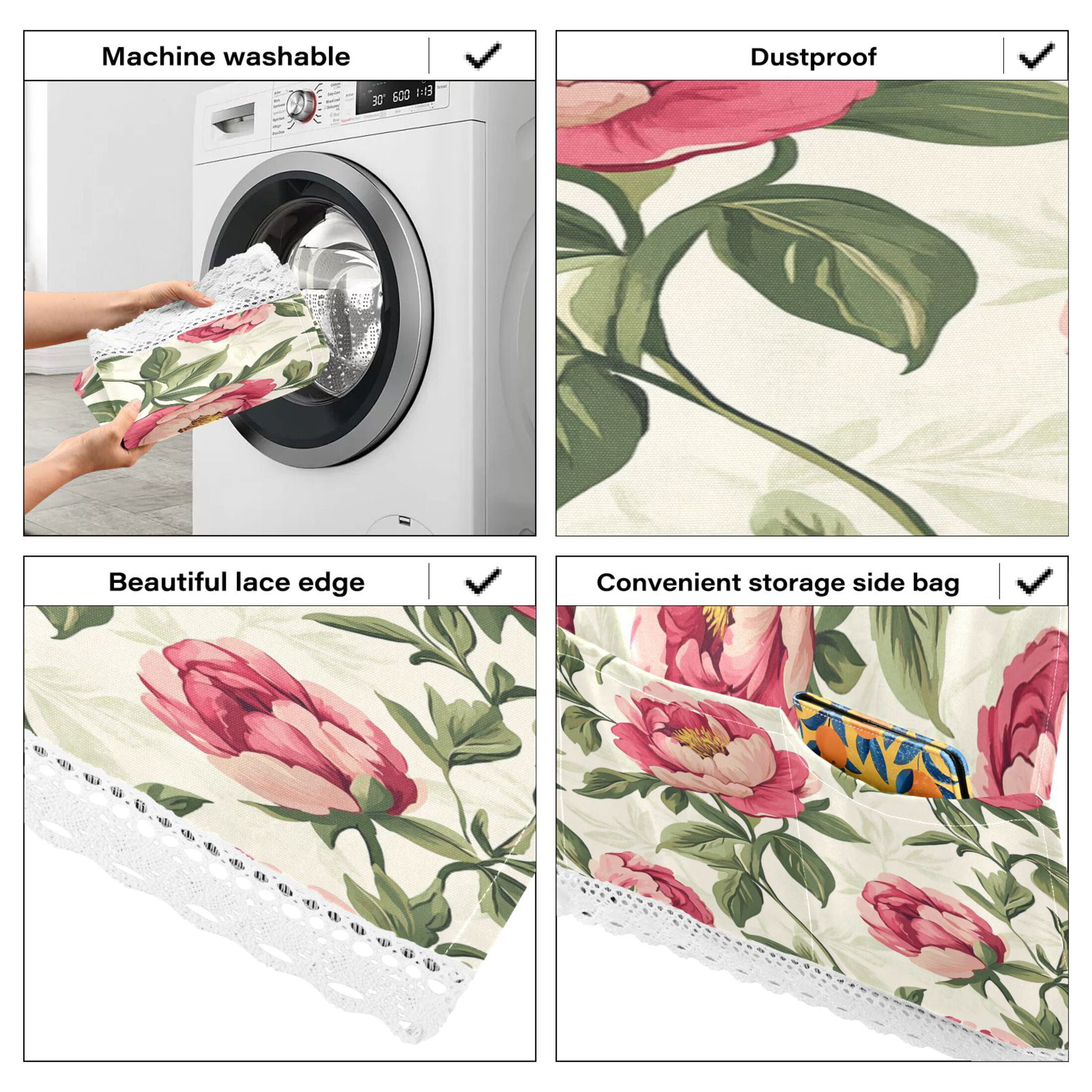 Nostalgic Peonies PatternWasher and Dryer Covers Dust-Proof and Oil Resistant Fridge Cover with 4 Storage Pockets Washing Machine Top Cover for Laundry Kitchen Home 51.2 x 22 In
