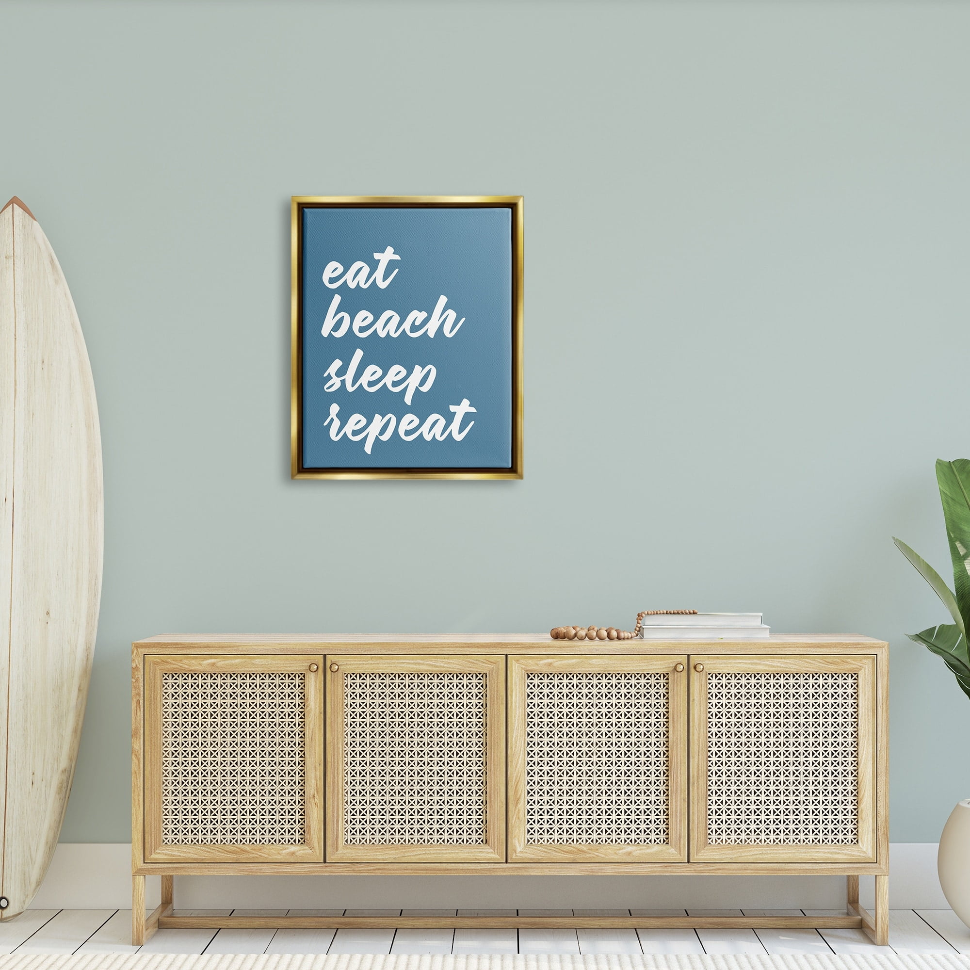 Stupell Industries Eat Beach Sleep Repeat Blue Script Phrase Graphic Art Metallic Gold Floating Framed Canvas Print Wall Art, Design by Lettered and Lined