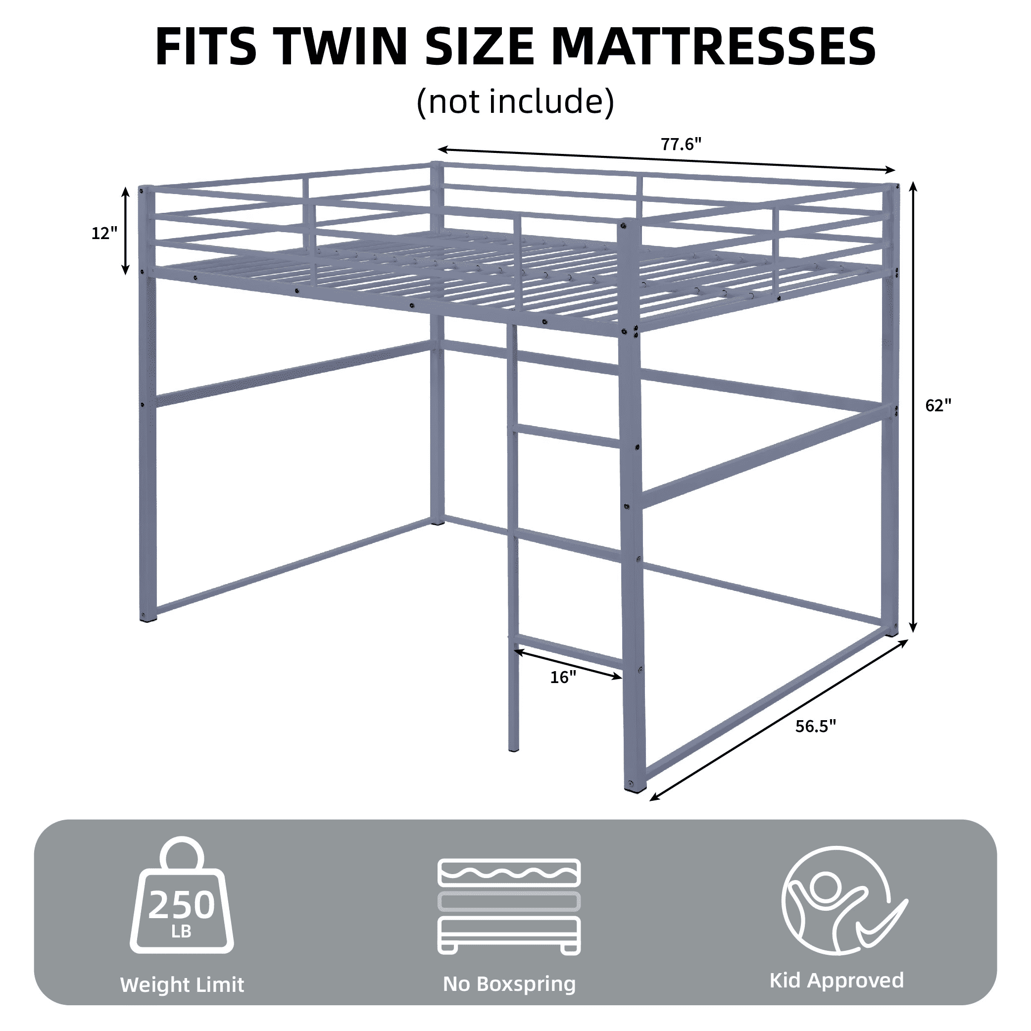 MAYEERTY Metal Full Size Loft Bed, Loft Bed Frame with Safety Guard Rails & Flat Ladder, for Kids Teens Adults, Gray