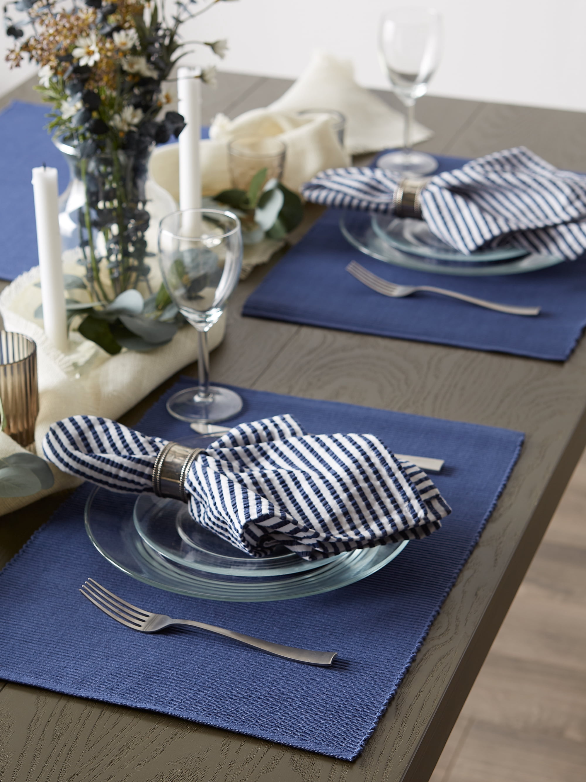Contemporary Home Living Solid Ribbed Cotton Placemats - 19" - Egyptian Blue - Set of 6