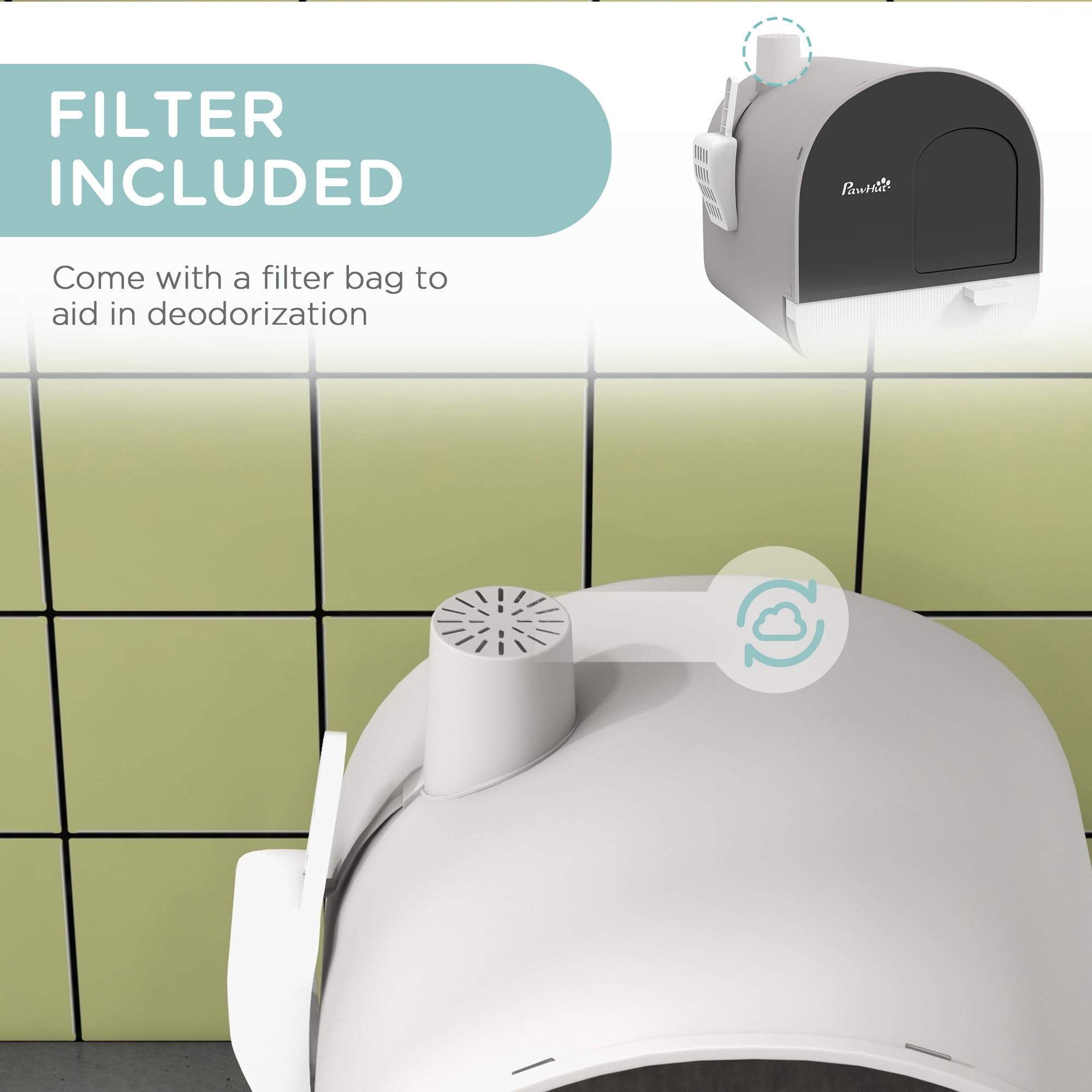 Covered Cat Litter Box with Lid, Hooded Enclosed Litter Box with Deodorizing Filter, Scoop and Litter Mat, Removable Tray Easy Clean Indoor Cat Toilet 17" x 17" x 18.5", Light Gray