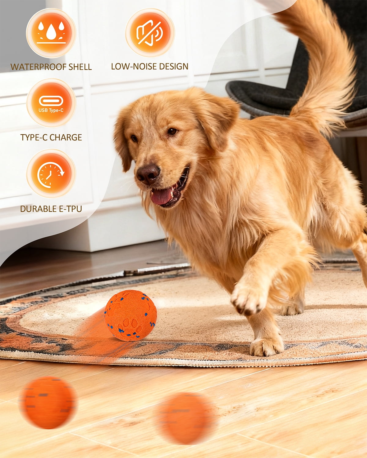 Interactive Dog Ball & Interactive Dog Toys for Medium/Large Dogs - Self Moving Automatic Ball with Chew Resistant E-TPU Material, IPX7 Waterproof，Orange