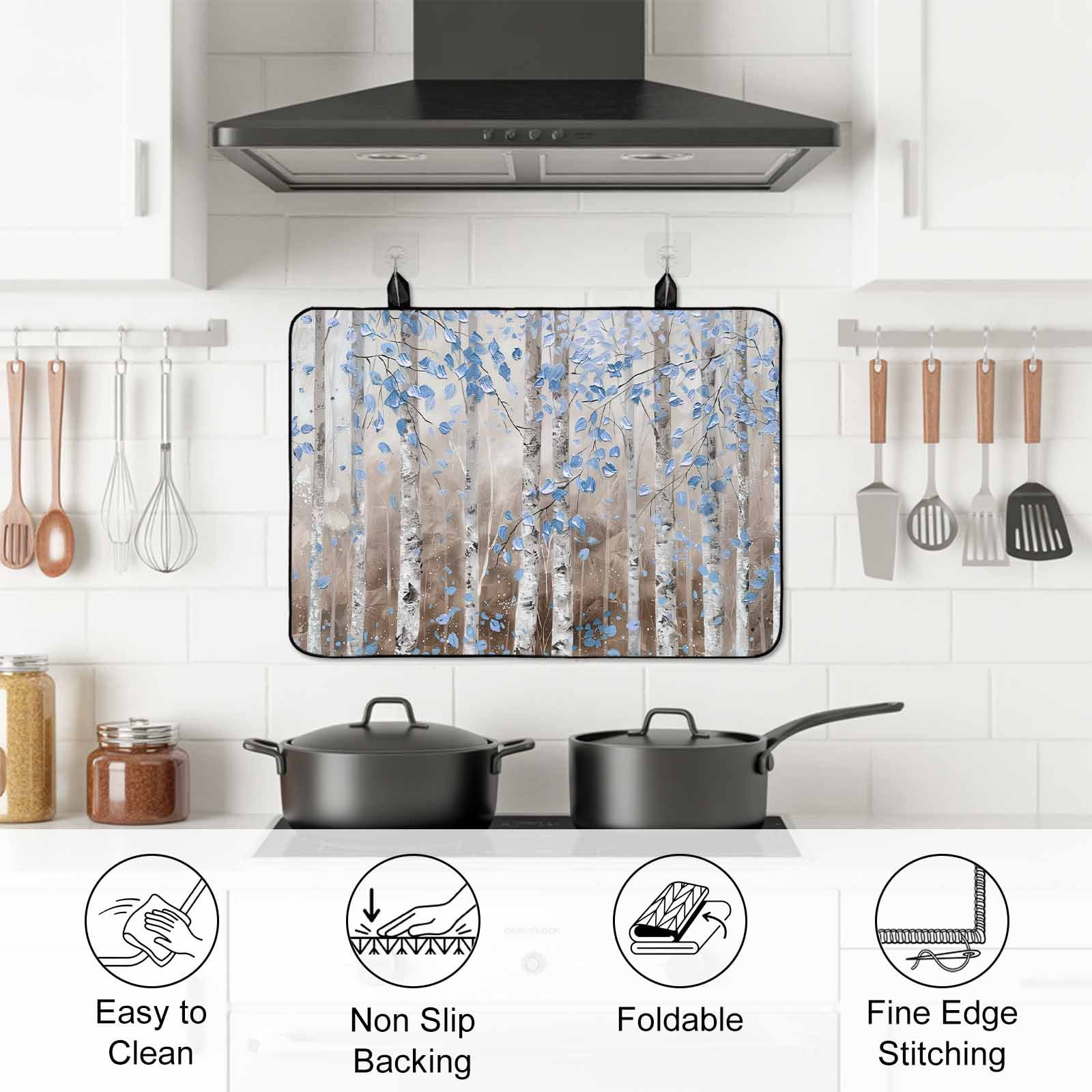 Blue Brown Forest Stove Top Cover for Electric Stove, Heat-proof & Non Slip Glass Top Stove Cover Protector, Modern Oil Painting Art Kitchen Flat Cooktop Rubber Mat 31x24 Inches