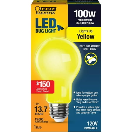 

Feit Electric A19 Outdoor LED Bug Light 100-Watt Equivalent Dimmable LED Light Bulb E26 Medium Base 800 Lumens 120V 13 Years Lifetime Yellow Pack of 1 A19100/BUG/LED