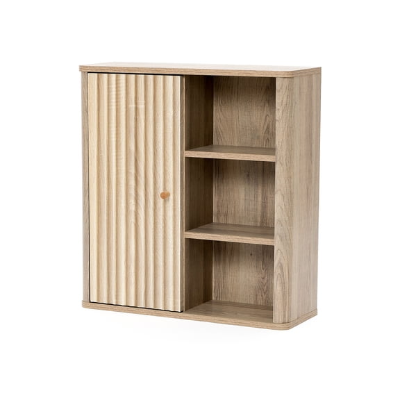 LuxenHome Natural Finish Wave-Patterned Manufactured Wood 1-Door Bathroom Wall Cabinet