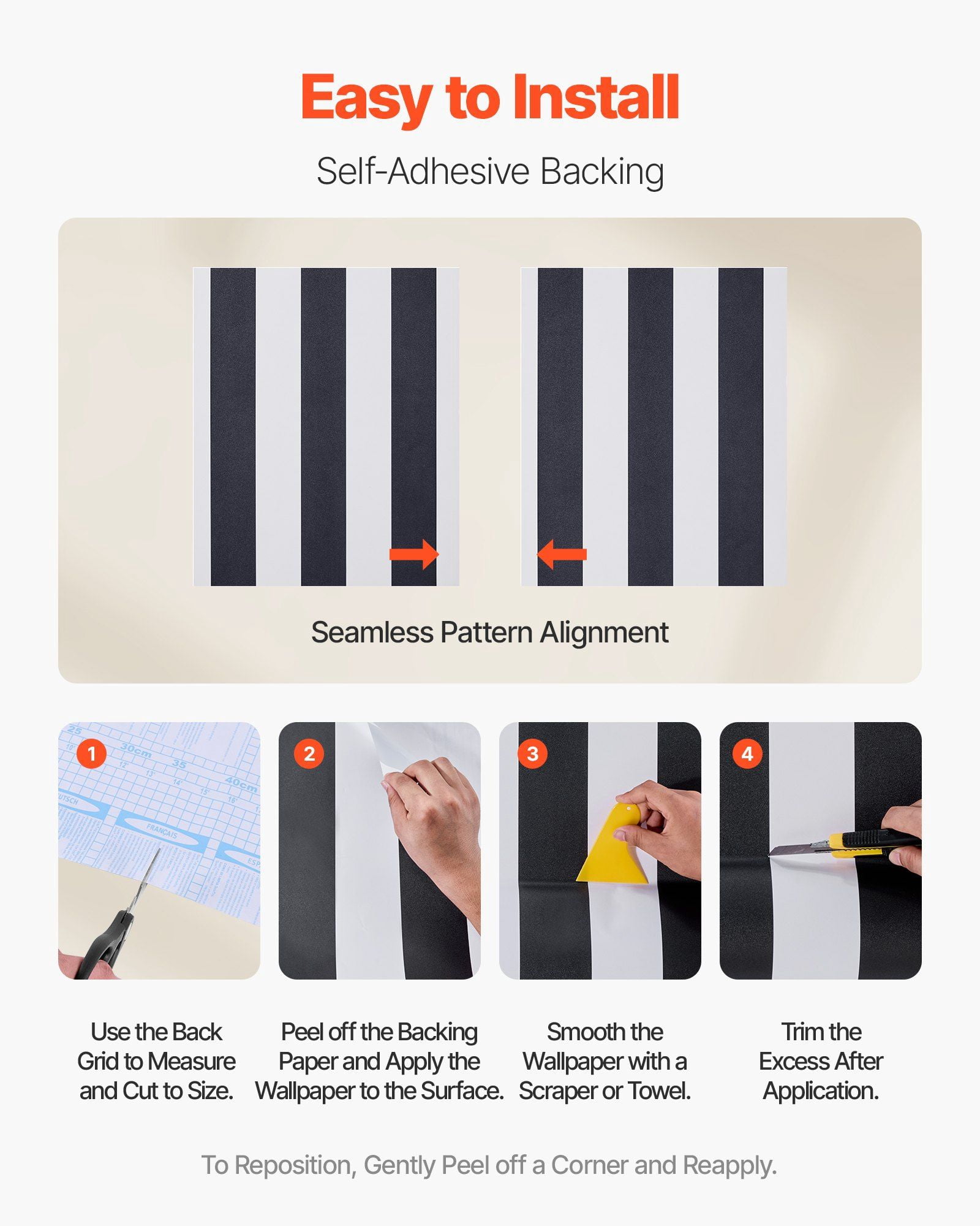 Black and White Striped Self-adhesive Wall Paper, Water-resistant Self-adhesive, Easy To Clean, Suitable for Bedrooms, Kitchens, Bathrooms, Offices, Etc.