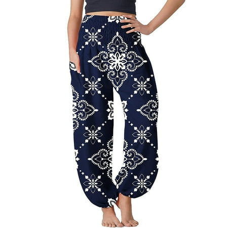 

MRULIC yoga pants Hippie Loose Lounge Boho Women s Comfy Boho Pants Pajama Pants Yoga Pants Pajama Pants Blue + XL