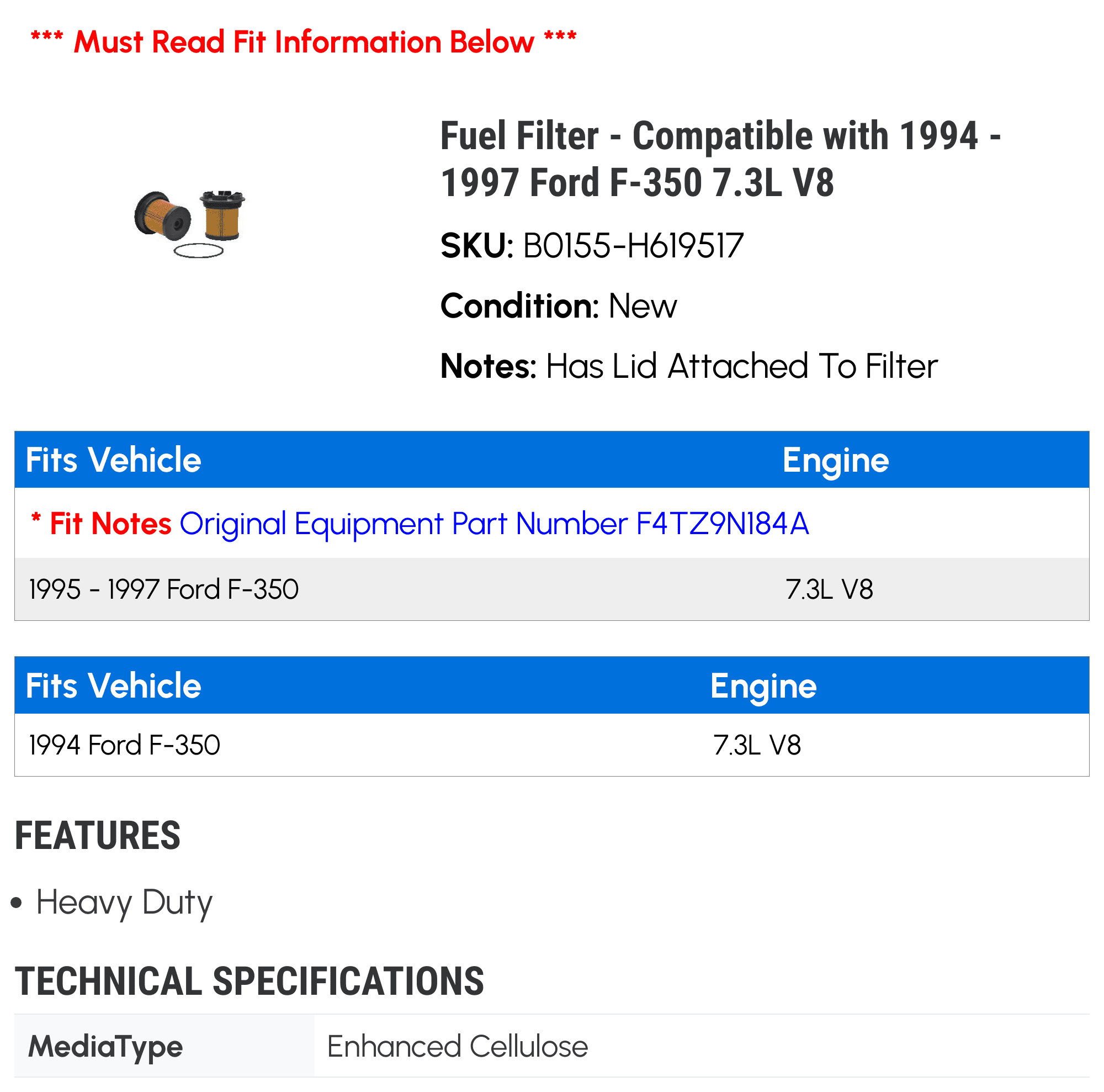 Fuel Filter - Compatible with 1994 - 1997 Ford F-350 7.3L V8 1995 1996