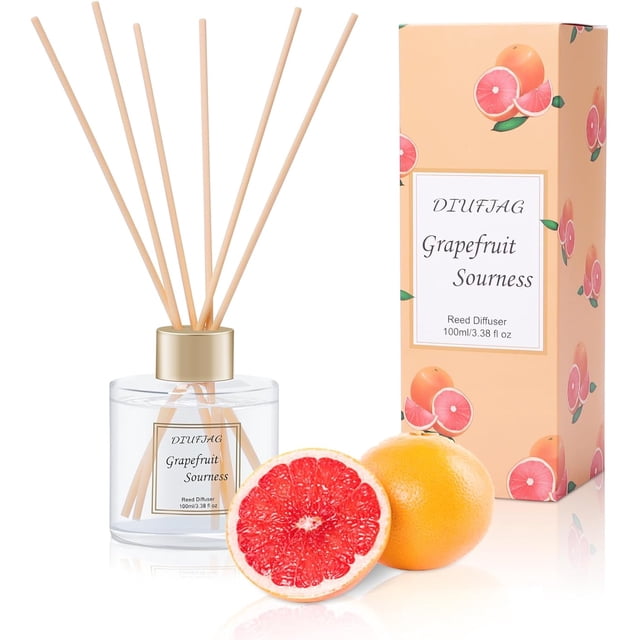 100ml Scent Diffuser with 6 Fiber Sticks, 3.5 oz Reed Diffuser Set Aromatherapy Fragrance Diffusers Air Fresheners for Home Bedroom Bathroom (Grapefruit)
