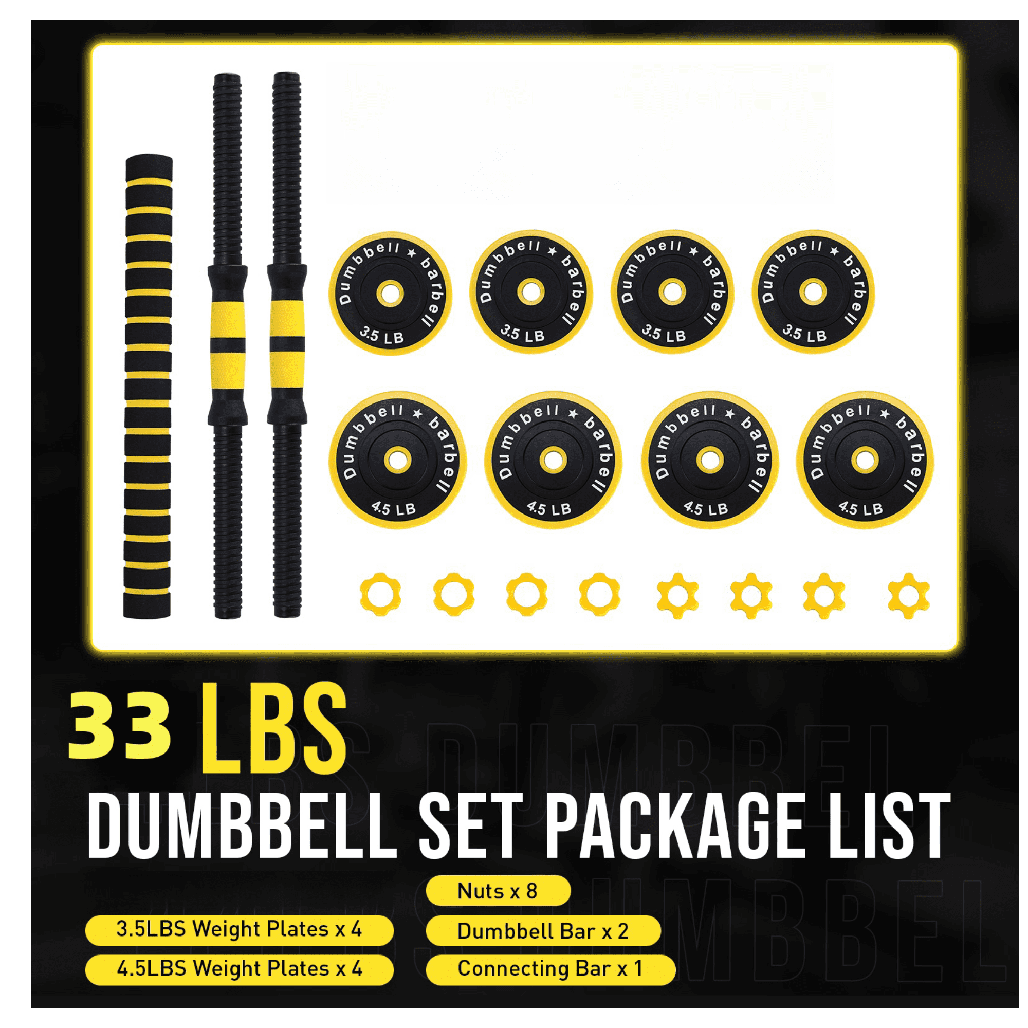2-In-1 Adjustable Dumbbell Set 33 Lb, Adjustable Weights Used As Dumbbell and Barbell Set, Yellow