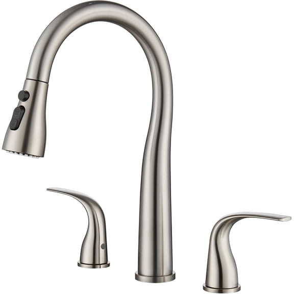 3 Hole Kitchen Faucet with Pull Down Sprayer, Brushed Nickel, Double Handle High Arc Faucet for Kitchen Sink with 3 Mode , Stainless , T-3005BN