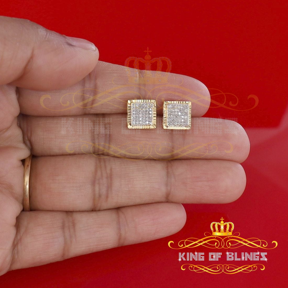 King of Bling's Aretes Para Hombre 925 Yellow Silver 0.20ct Diamond Stud Women's Square Earrings