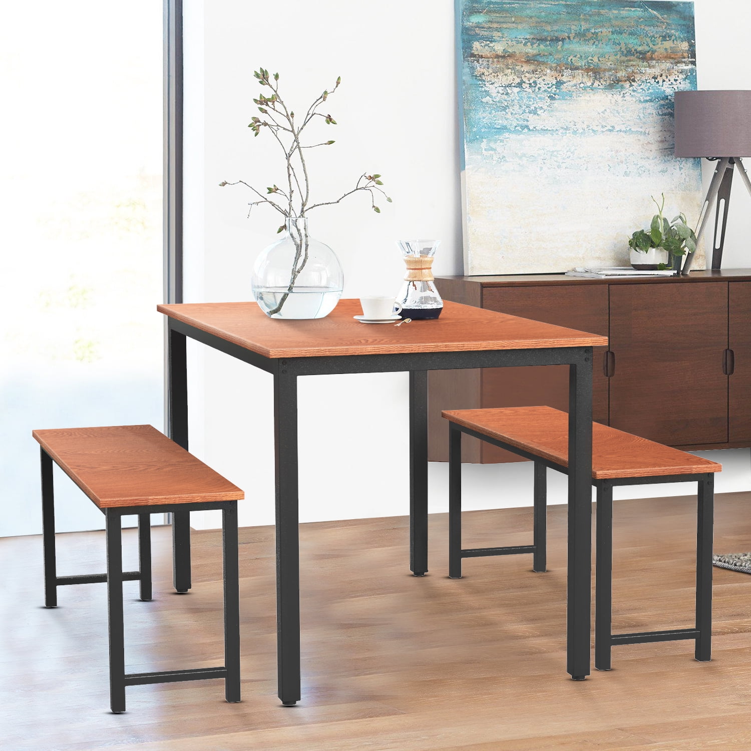 Dining Room 3 Pieces Farmhouse Kitchen Table Set With Two Benches Metal Frame And Mdf Board Modern Furniture For Home Cafeteria Apartment And Farm House Brown Walmart Com Walmart Com