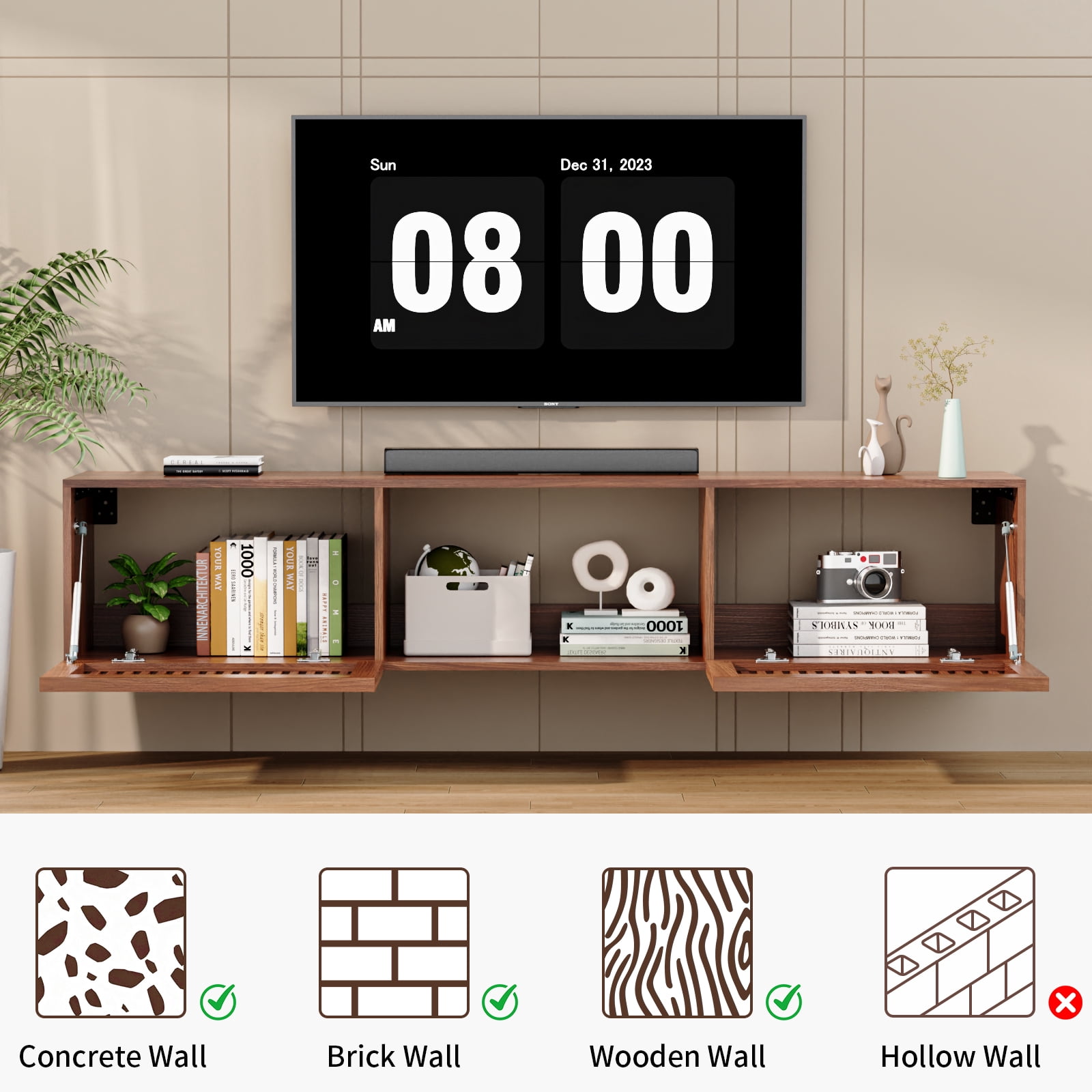 Hommpa Floating TV Stand for 65/75/80 inch TV, Mid Century Modern Wall Mounted TV Console with Storage Shelf & 2 Slatted Doors, Media Console Entertainment Center for Living Room, Bedroom,Walnut