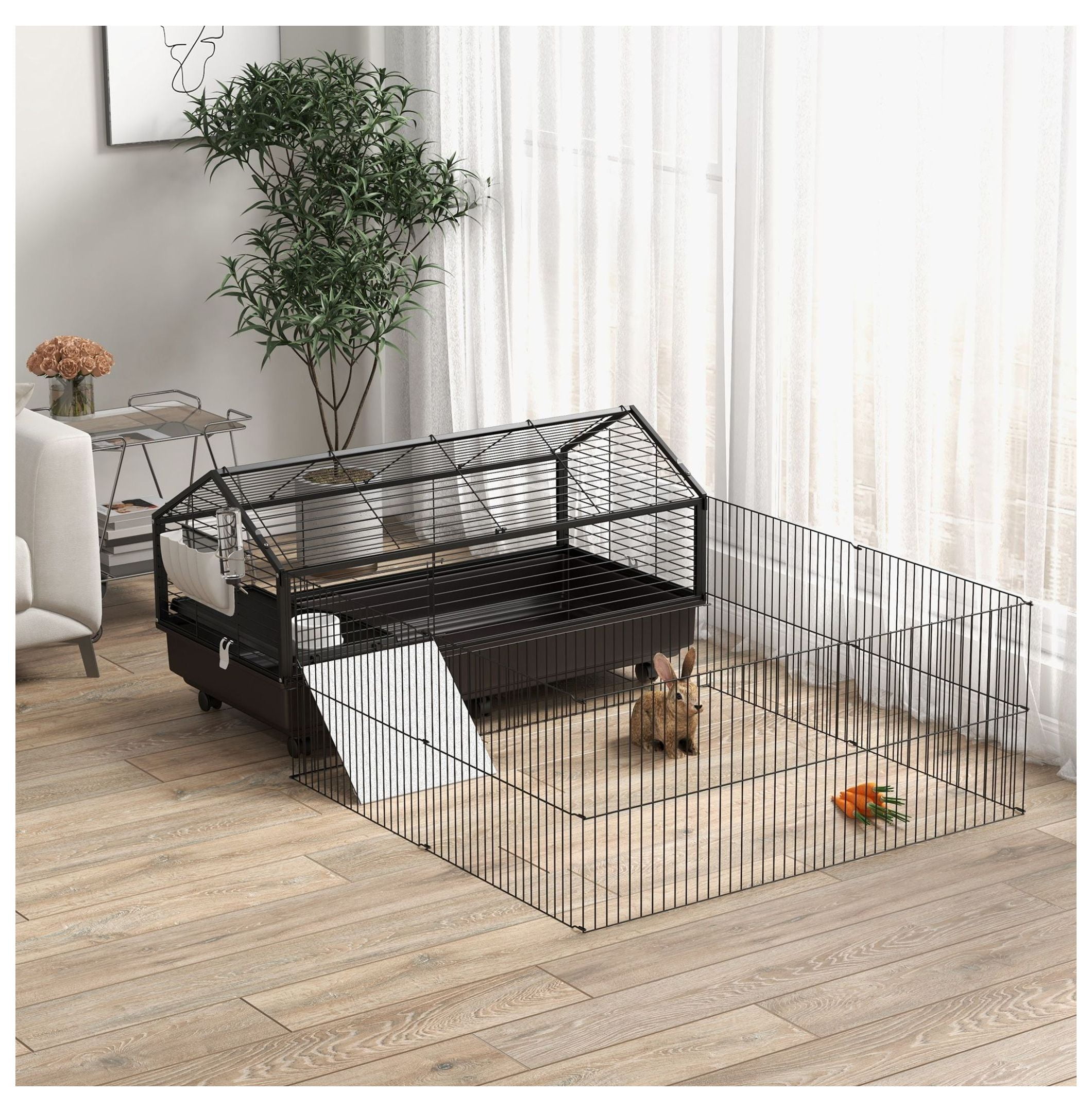 Rolling Small Animal Cage with Foldable Run Bunny Cage Black includes Water Bottle Bowl Ramps