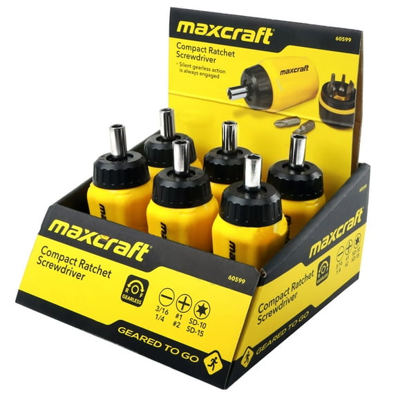 Maxcraft 60599 Gearless Stubby Ratchet Screwdriver 6 in 1 Bits Set Multi Bit Case Pack of 6