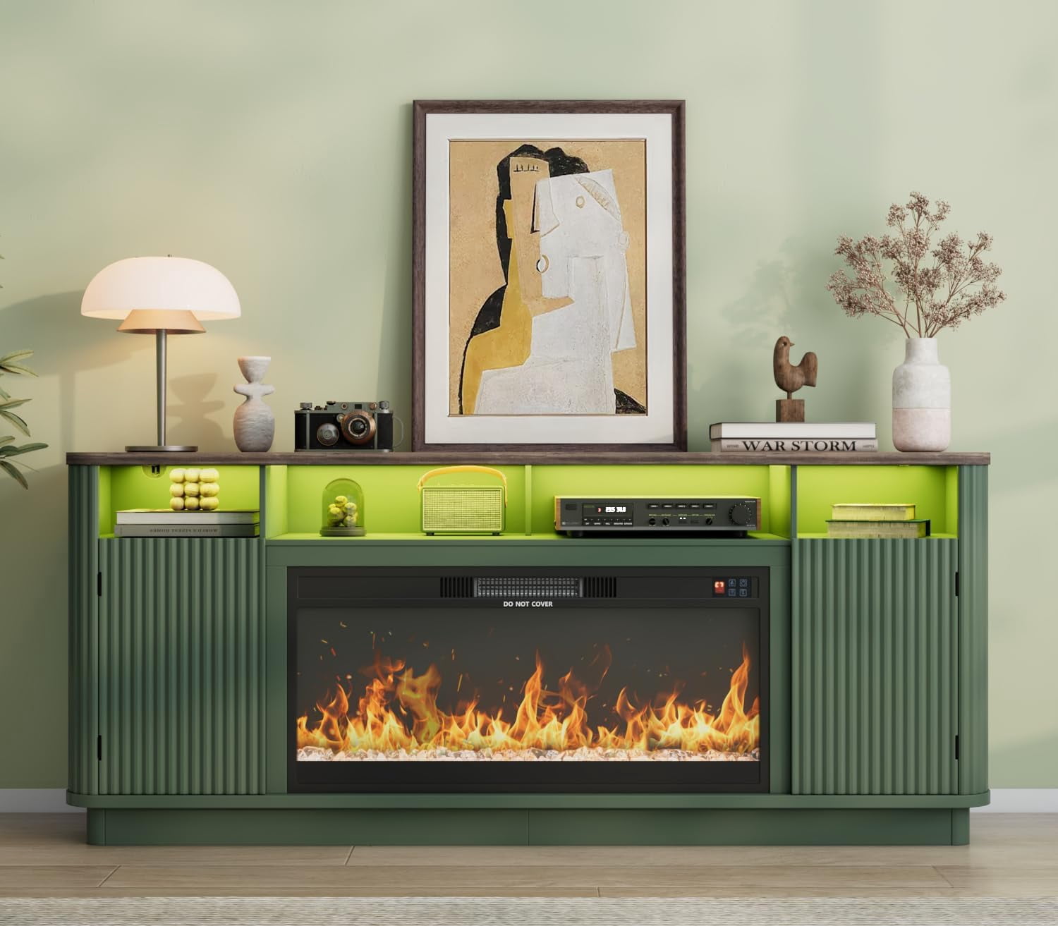 ANPOO 71" Fluted Fireplace TV Stand for 75/85" TVs with 36" Electric Fireplace, Modern Entertainment Center with LED Light & Power Outlet, Wooden Media Console TV Stand for Living Room, Green